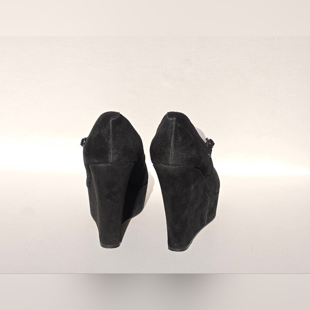 Steve Madden Sofiaa Suede Black Wedge Peep Toe Shoes Sz 10 - Picture 11 of 11
